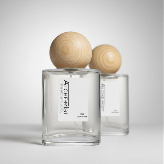 Perfume bottle labeled 'Alchemist' with a wooden cap on a dark background